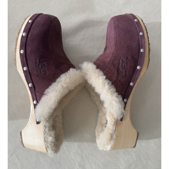 UGG Australia Shearling Clogs Womens 10 Plum Suede Wood Sole Slip On Fur Lined - Picture 10 of 16